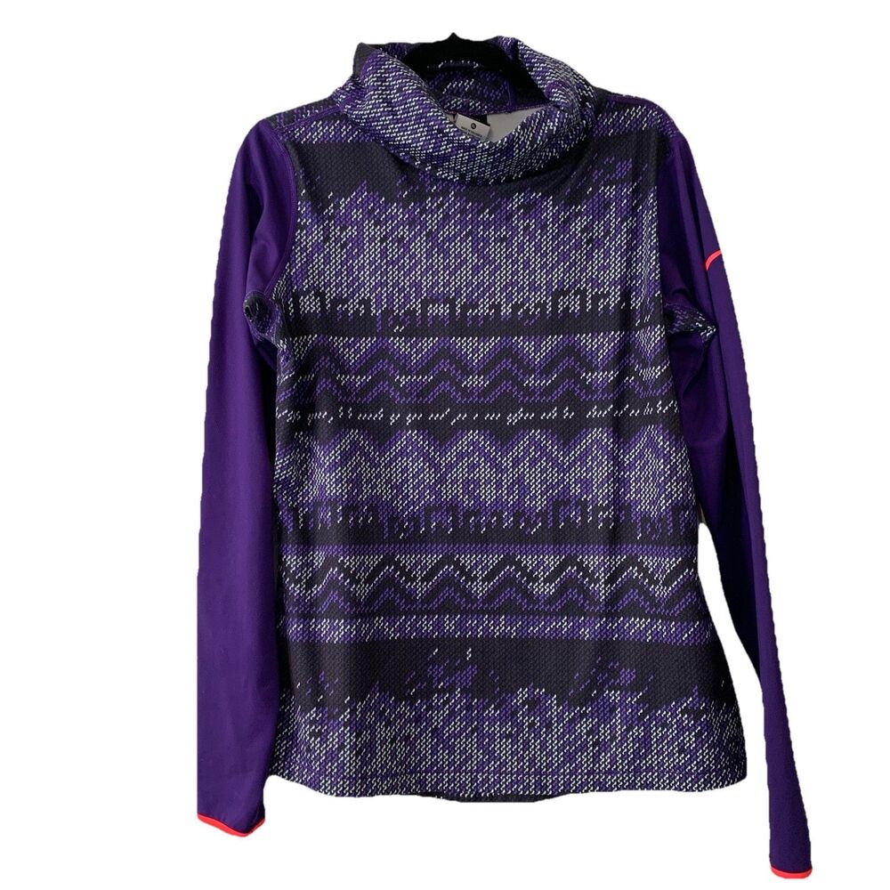Nike Pro Womens XL Thermal Running Shirt Fleece Lined Purple Fair Isle Cowl Neck